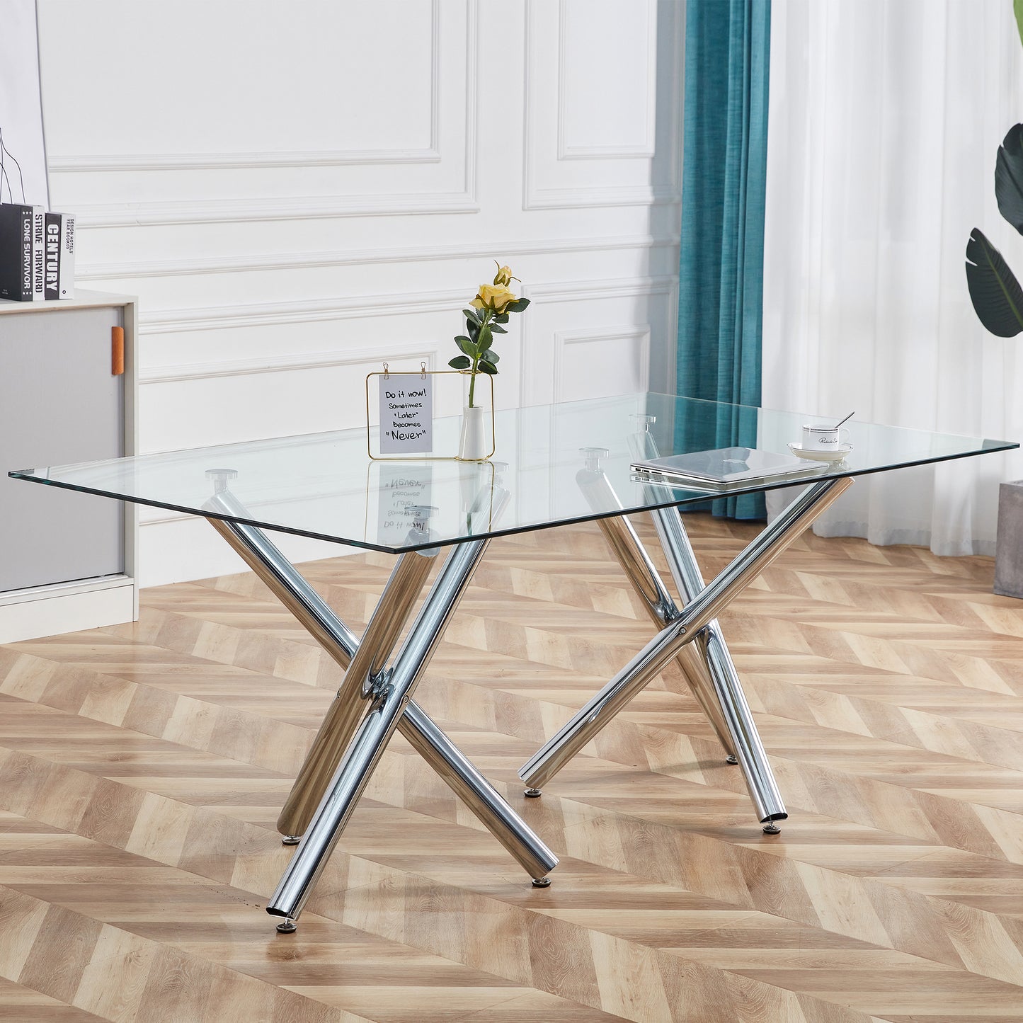 Large Modern Minimalist Rectangular Glass Dining Table, Seats 6-8, Perfect for Contemporary Dining Rooms