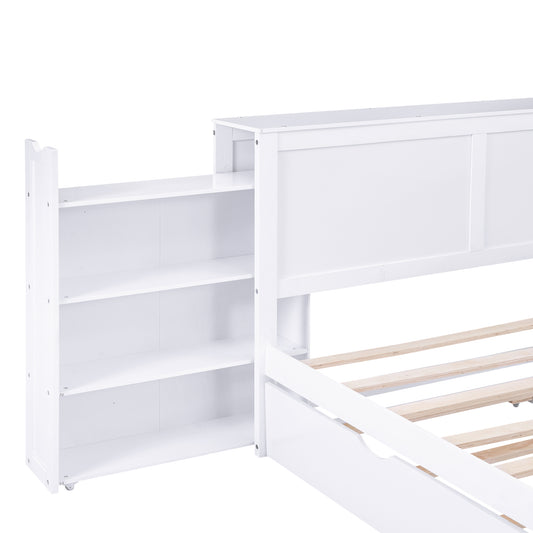 Queen Size Storage Platform Bed with Pull Out Shelves and Twin XL Size Trundle  White