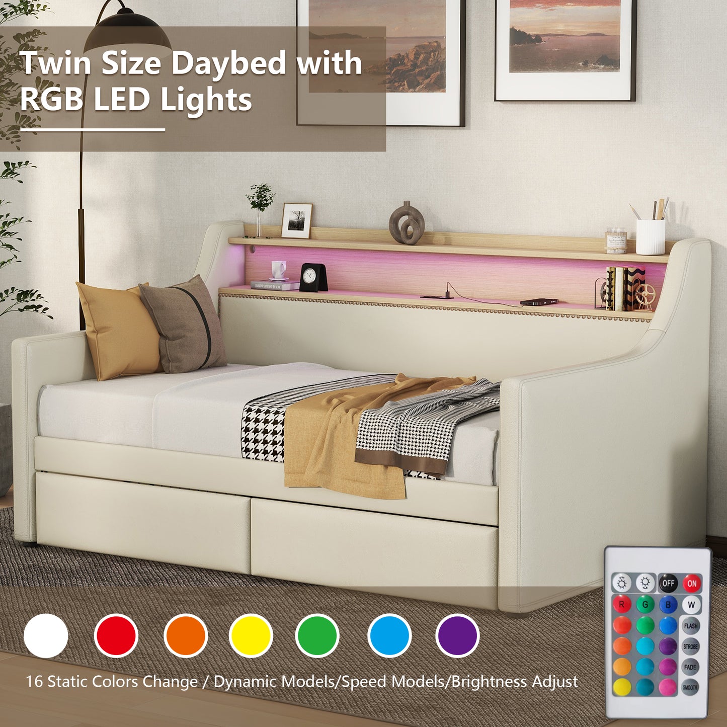 Twin Size Daybed with Storage Drawers, Upholstered Daybed with Charging Station and LED Lights, Beige