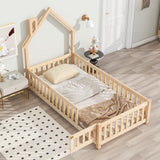 Twin House-Shaped Headboard Floor Bed with Fence Natural