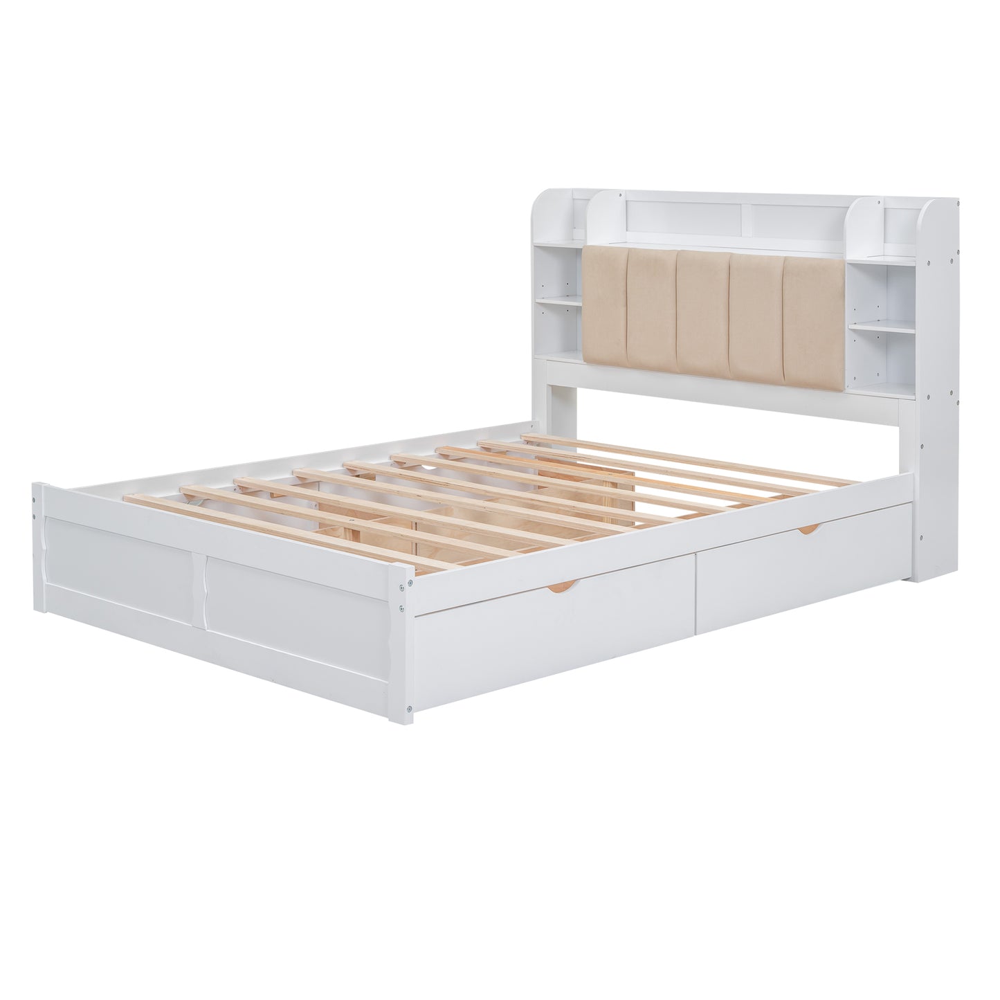 Wood Queen Size Platform Bed with Storage Headboard  Shelves and 4 Drawers  White