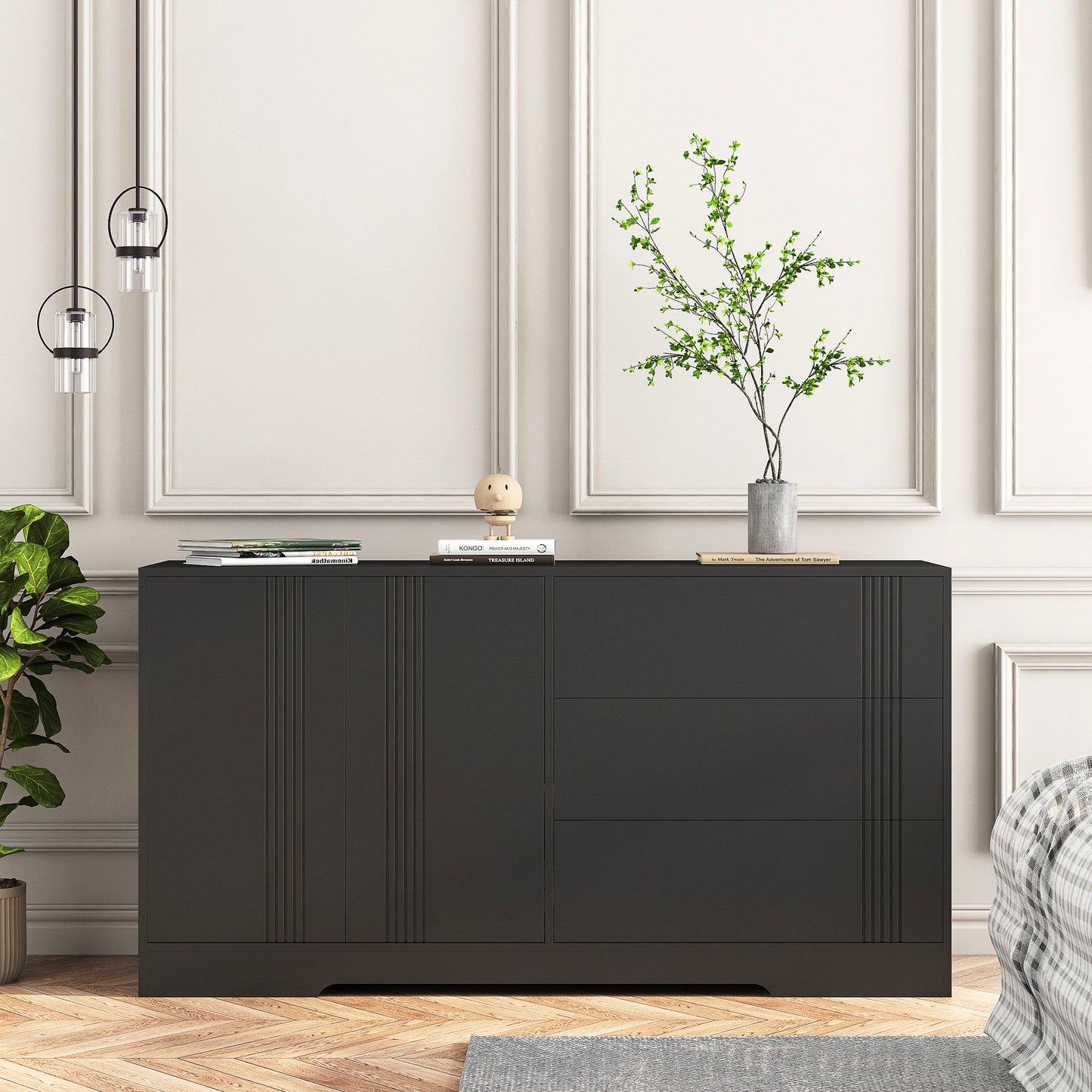 Modern kitchen buffet lockers with storage space, drawers and doors, and a large coffee bar with adjustable kitchen shelves