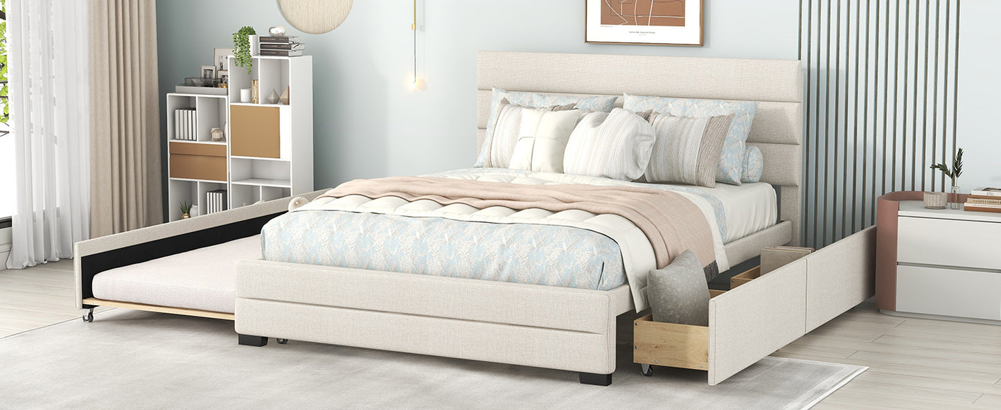 Queen Upholstered Platform Bed with Twin Size Trundle and Two Drawers  Beige