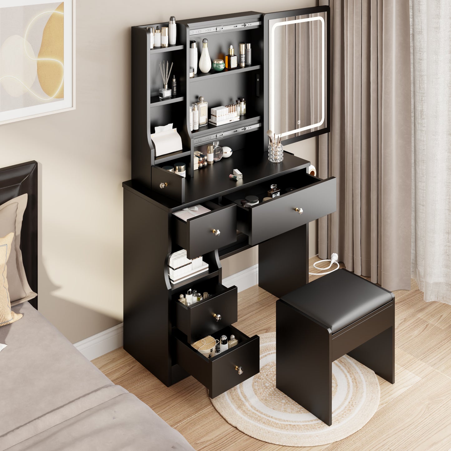 Left Drawer Desktop Vanity with Cushioned Stool, LED Mirror, and USB Power Stations