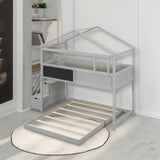 Twin over Full House Bunk Bed with Storage Staircase and Blackboard, Gray Finish