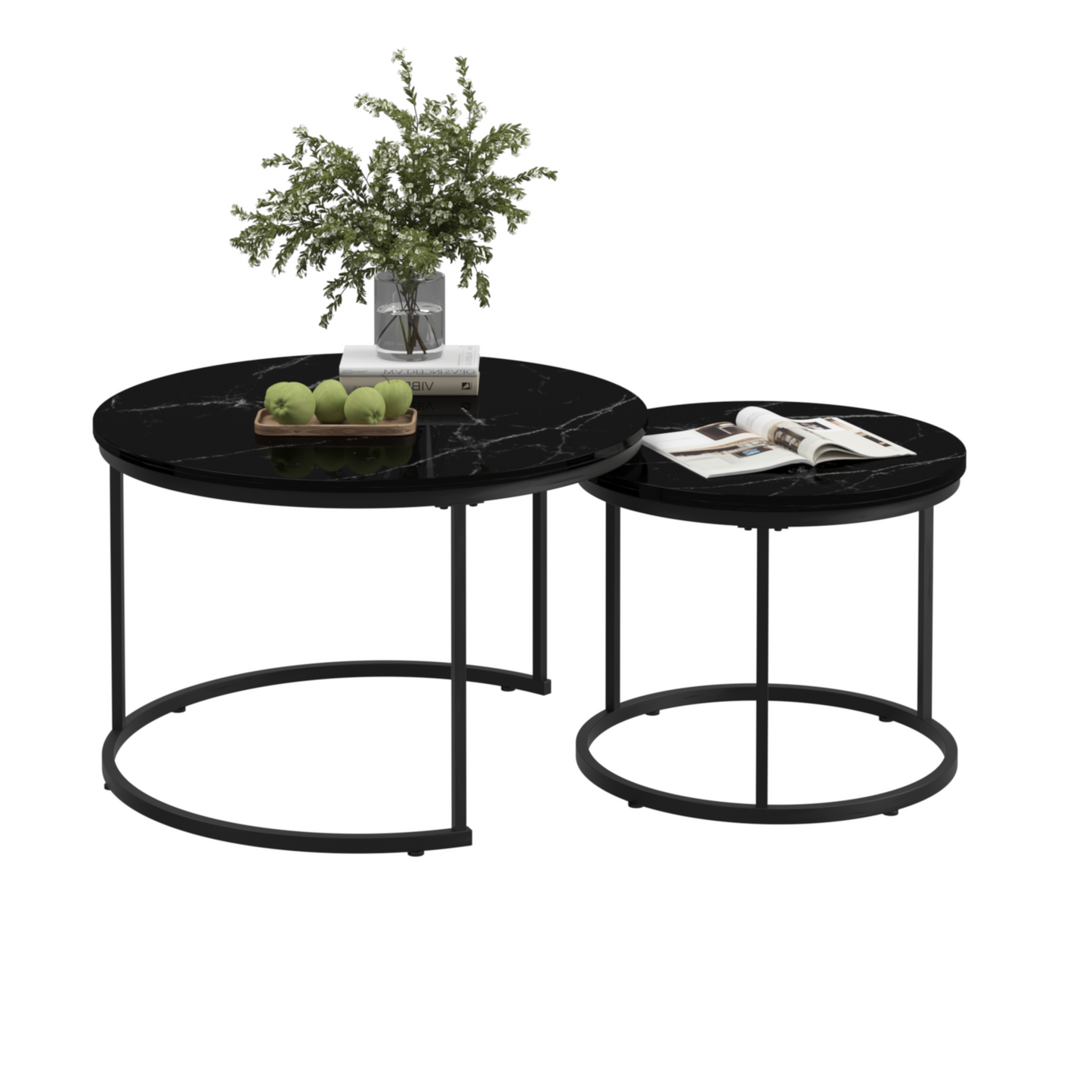 A set of nested coffee tables, 27.6-inch round coffee table, wooden marble patterned tabletop, sturdy metal frame (black)