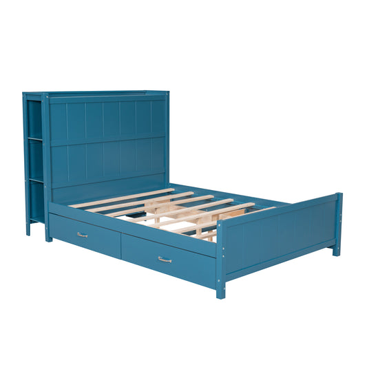 Full Platform Bed with Storage Shelves Blue