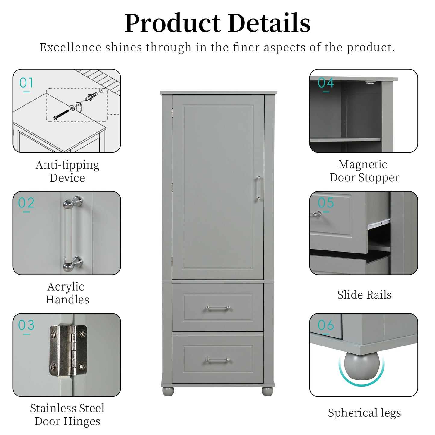 Tall Bathroom Storage Cabinet, Freestanding Storage Cabinet with Two Drawers and Adjustable Shelf, MDF Board , Grey