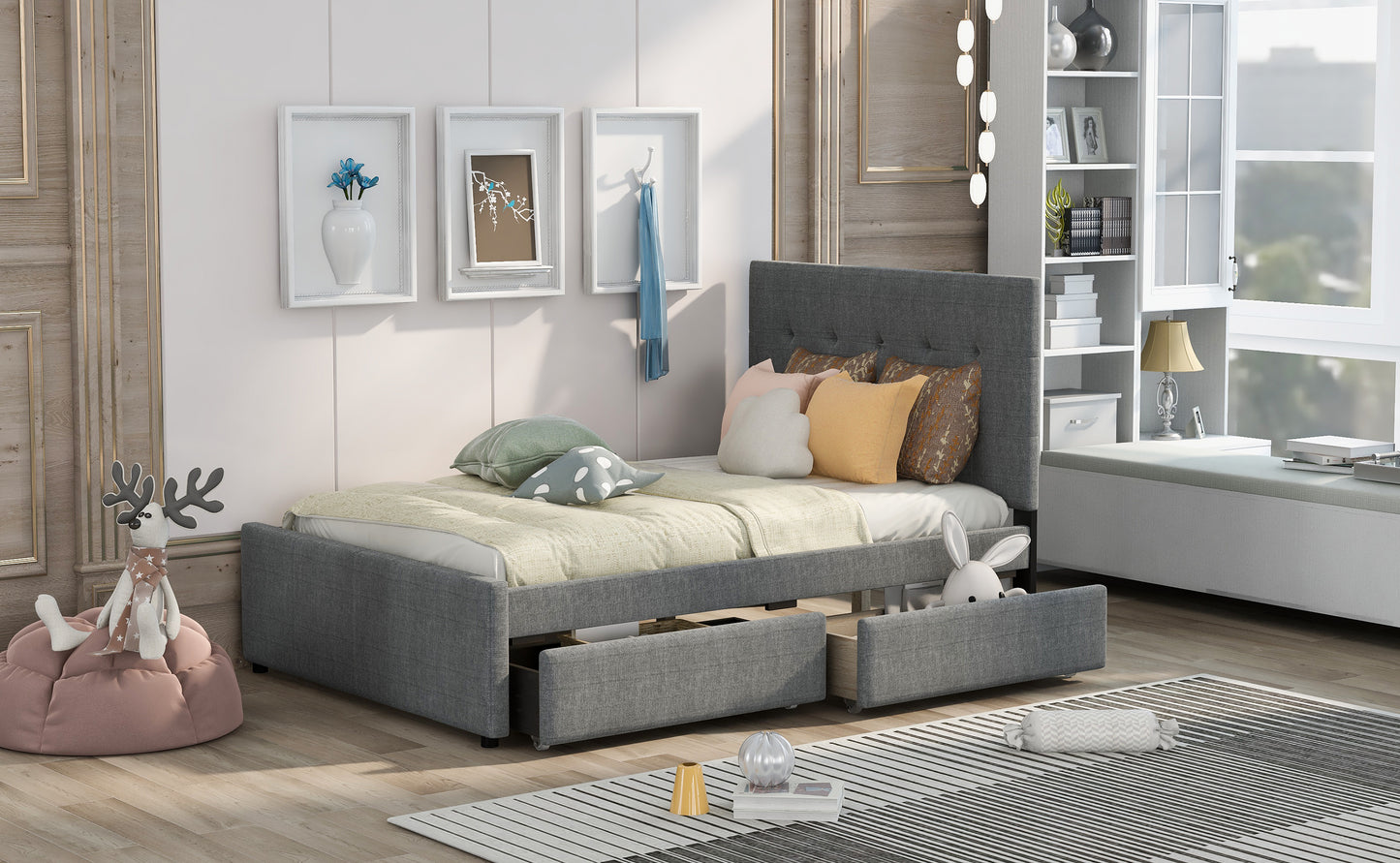 Linen Upholstered Platform Bed With Headboard and Two Drawers Full