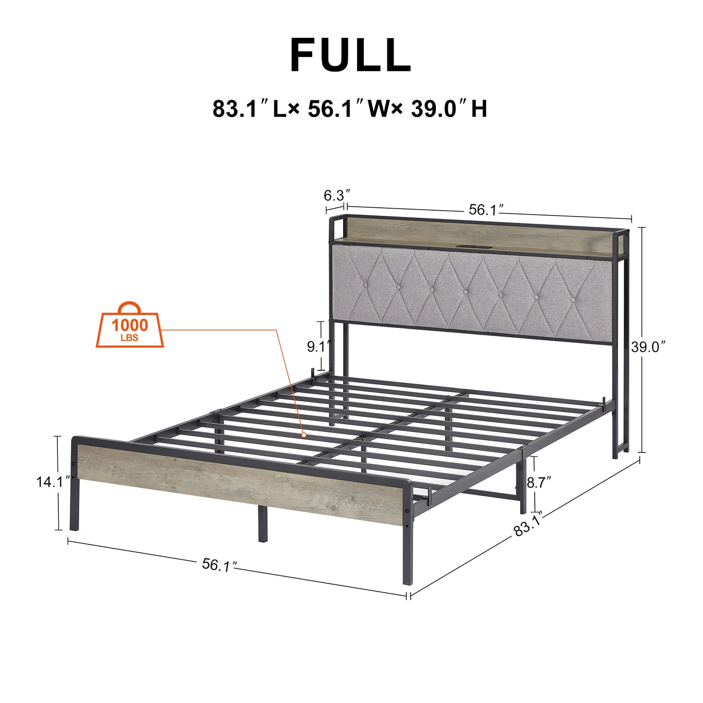 Bed frame with charging station full size, Grey, 83.1'' L x 56.1'' W x 39.2'' H.