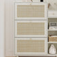 Natural Bohemian style shoe cabinet with 3 rattan flip drawers, 3 square shelves, and 1 storage drawer, white