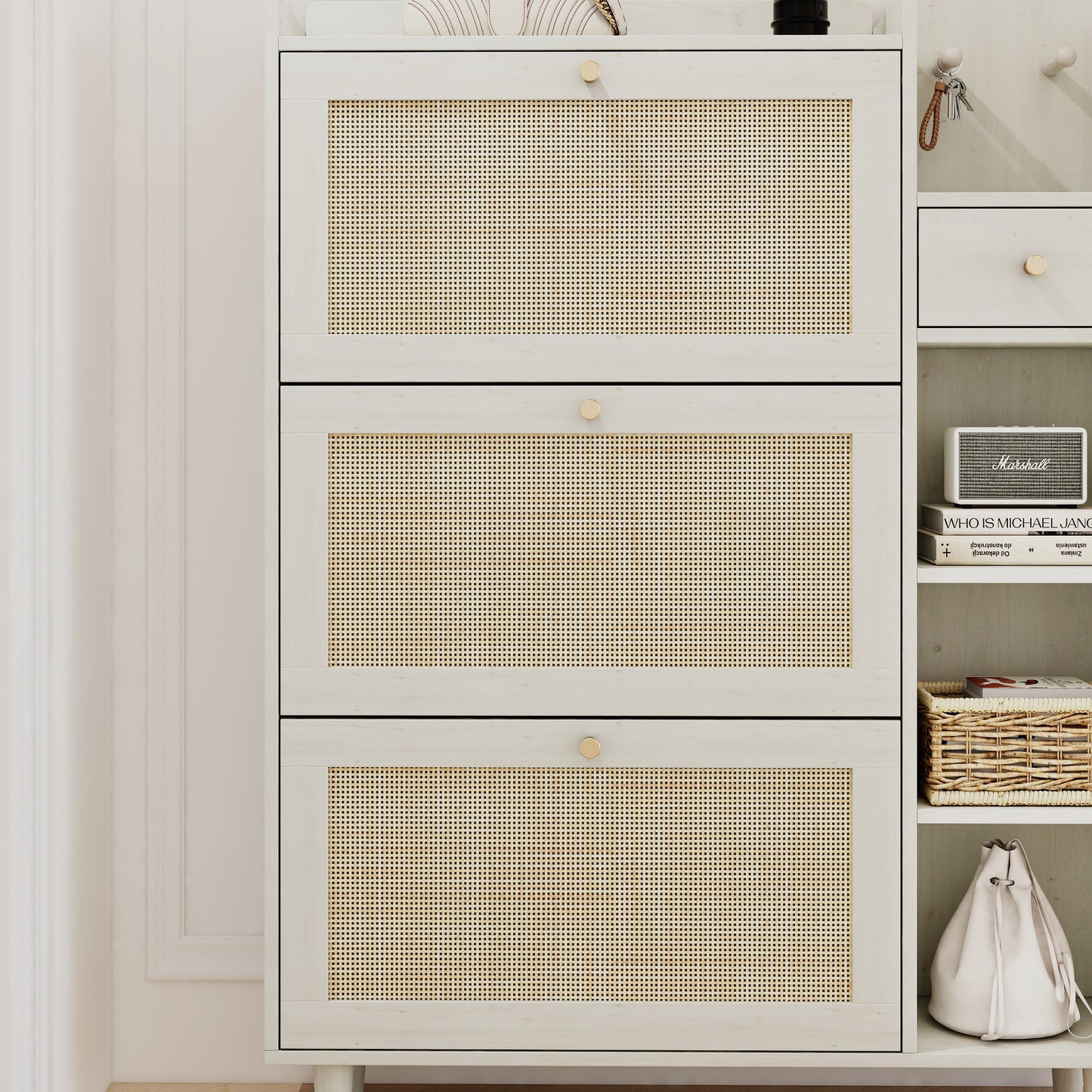 Natural Bohemian style shoe cabinet with 3 rattan flip drawers, 3 square shelves, and 1 storage drawer, white