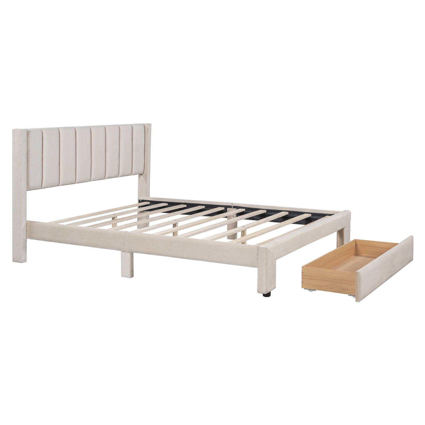 Queen Size Storage Bed Velvet Upholstered Platform Bed with a Big Drawer - Beige