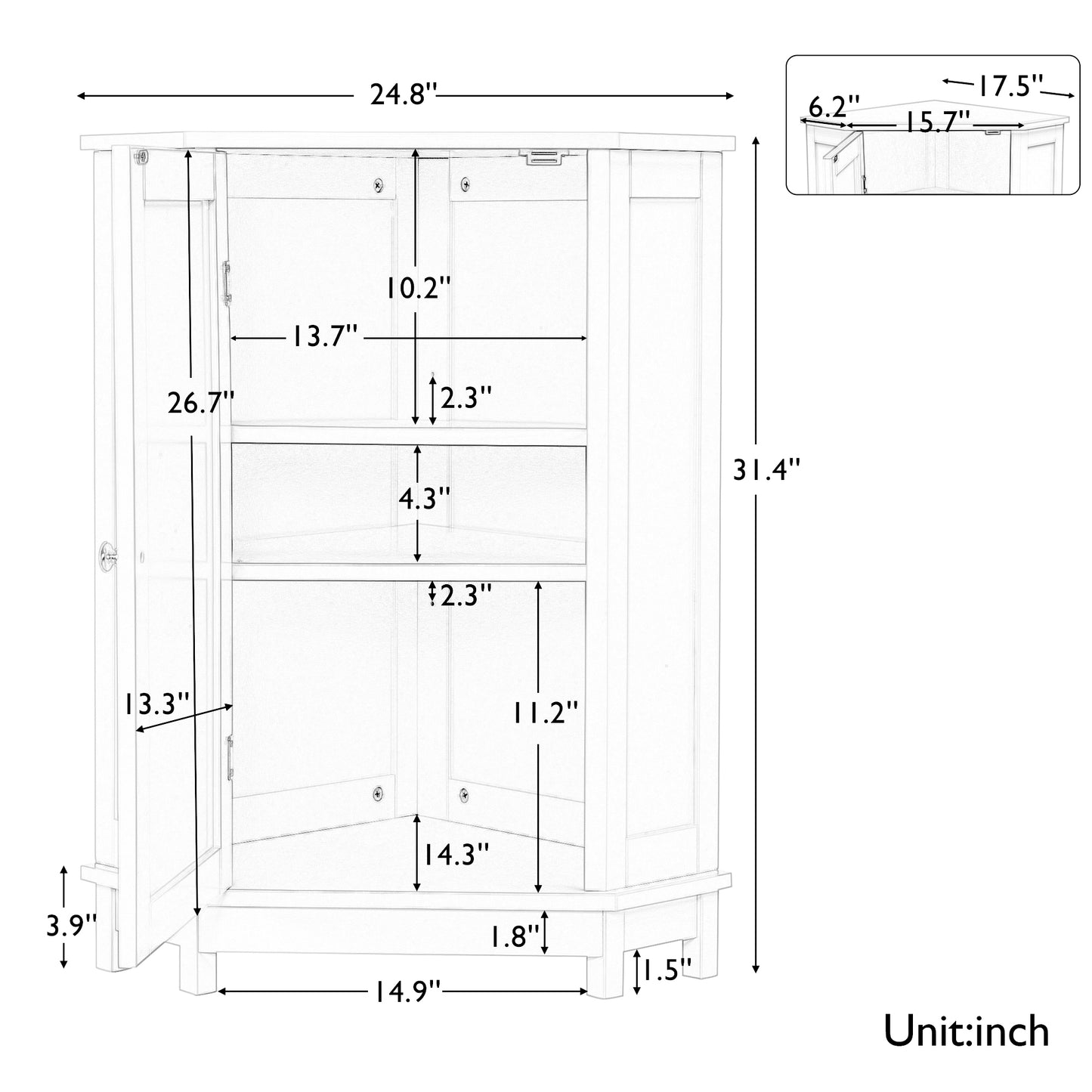 White Bathroom Cabinet Triangle Corner Storage Cabinet with Adjustable Shelf Modern Style MDF Board