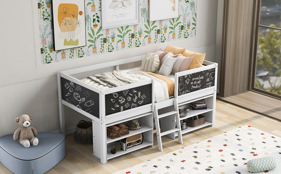 Twin Size Low Loft Bed with Two Movable Shelves and Ladder,with Decorative Guardrail Chalkboard,White