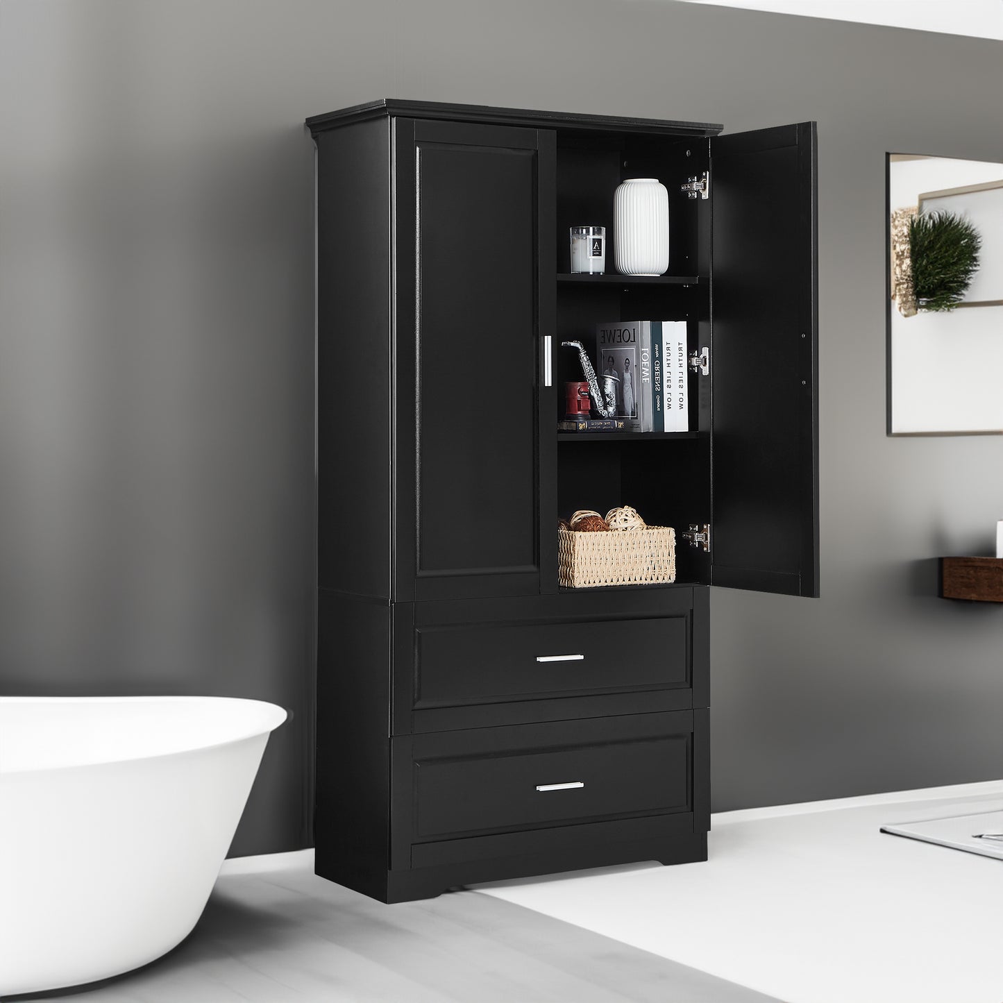 Tall Bathroom Storage Cabinet with Two Doors and Drawers, Adjustable Shelf, MDF Board, Black Finish