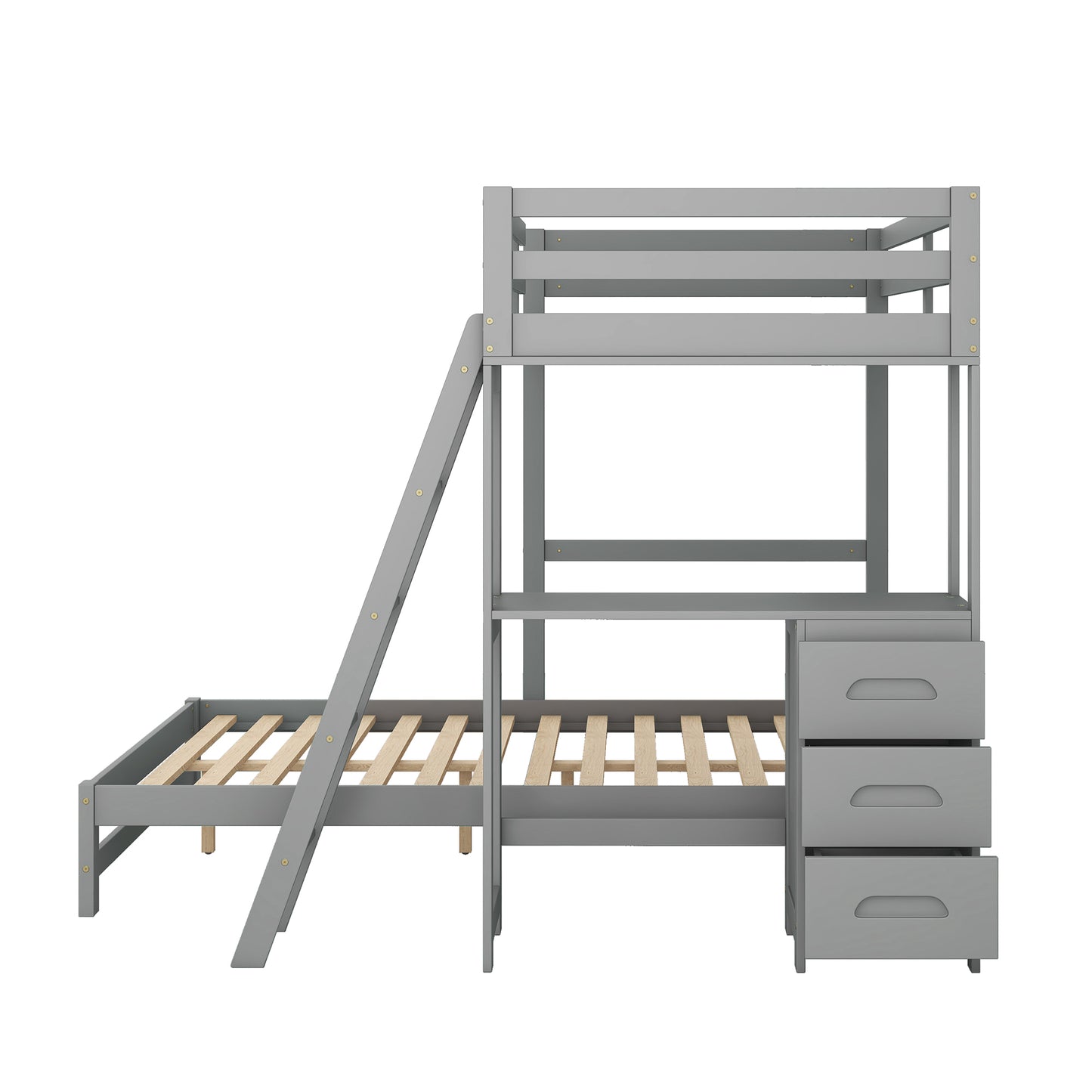 Twin over Full Bunk Bed with Built-in Desk and Three Drawers Grey