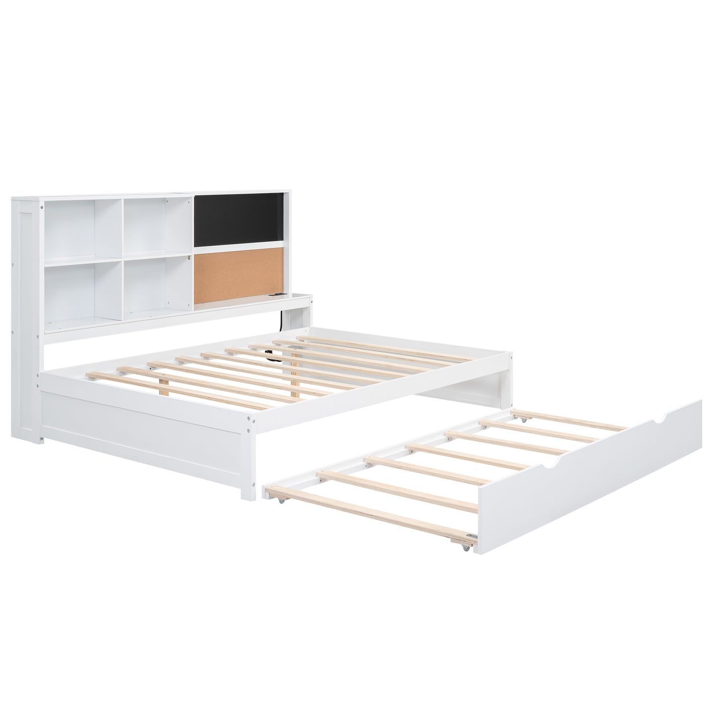 Full Size Daybed with Storage Shelves, Blackboard, Cork board, USB Ports and Twin Size Trundle  White