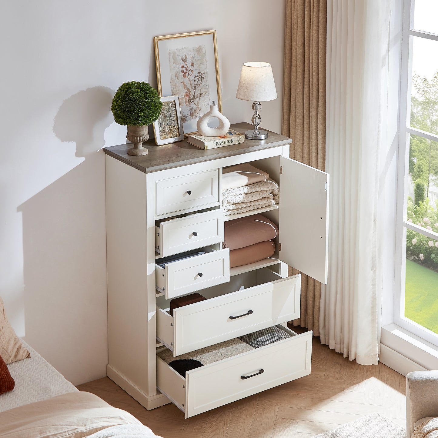 Farmhouse 5 drawer bedroom dressing table, high drawer cabinet white wooden bedroom dressing table.