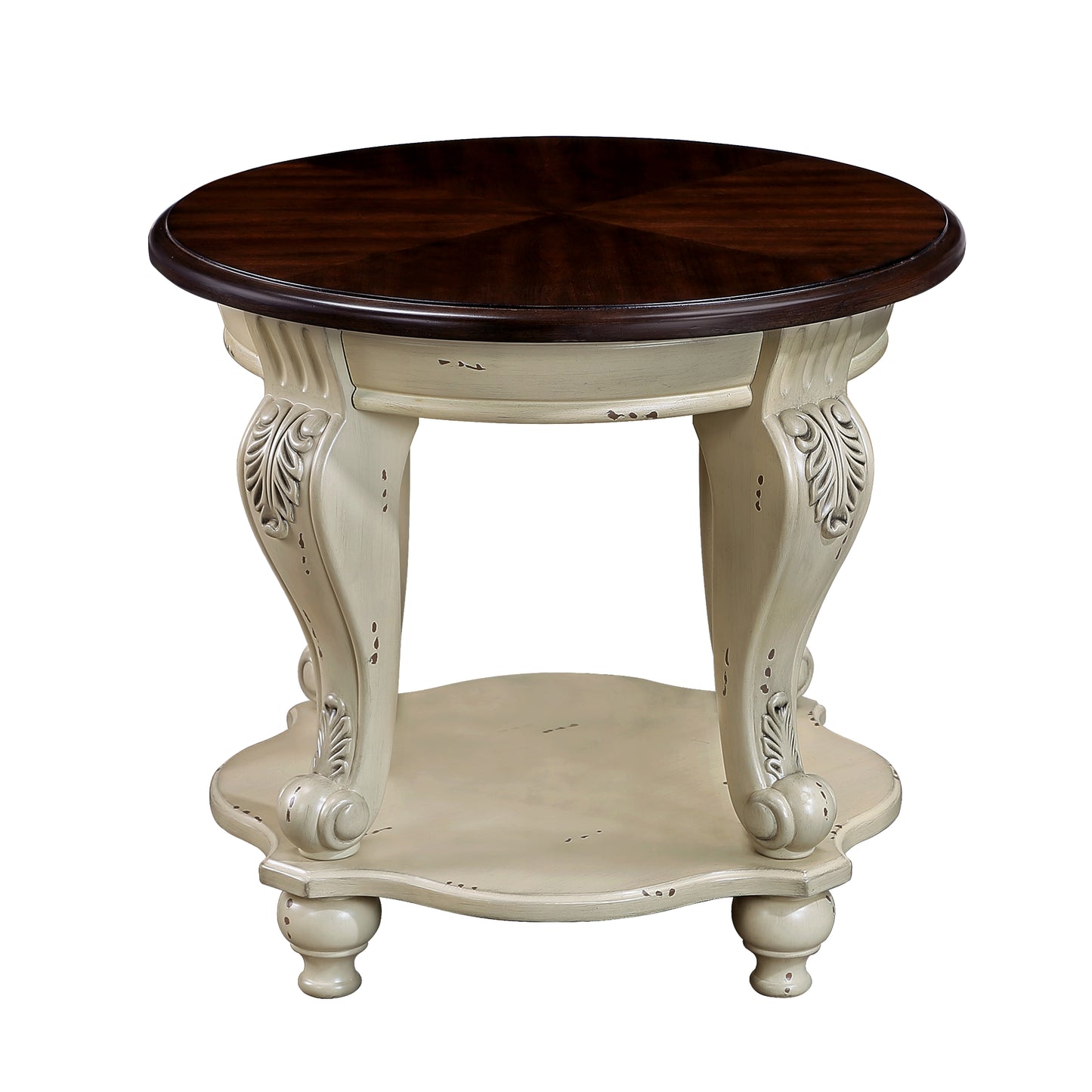 22 inch dual tone round head table, solid wood sofa side table with shelf, white and cherry tabletop