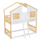 Twin over Twin House Bunk Bed with Roof , Window, Window Box, Door , with Safety Guardrails and Ladder, Natural/White