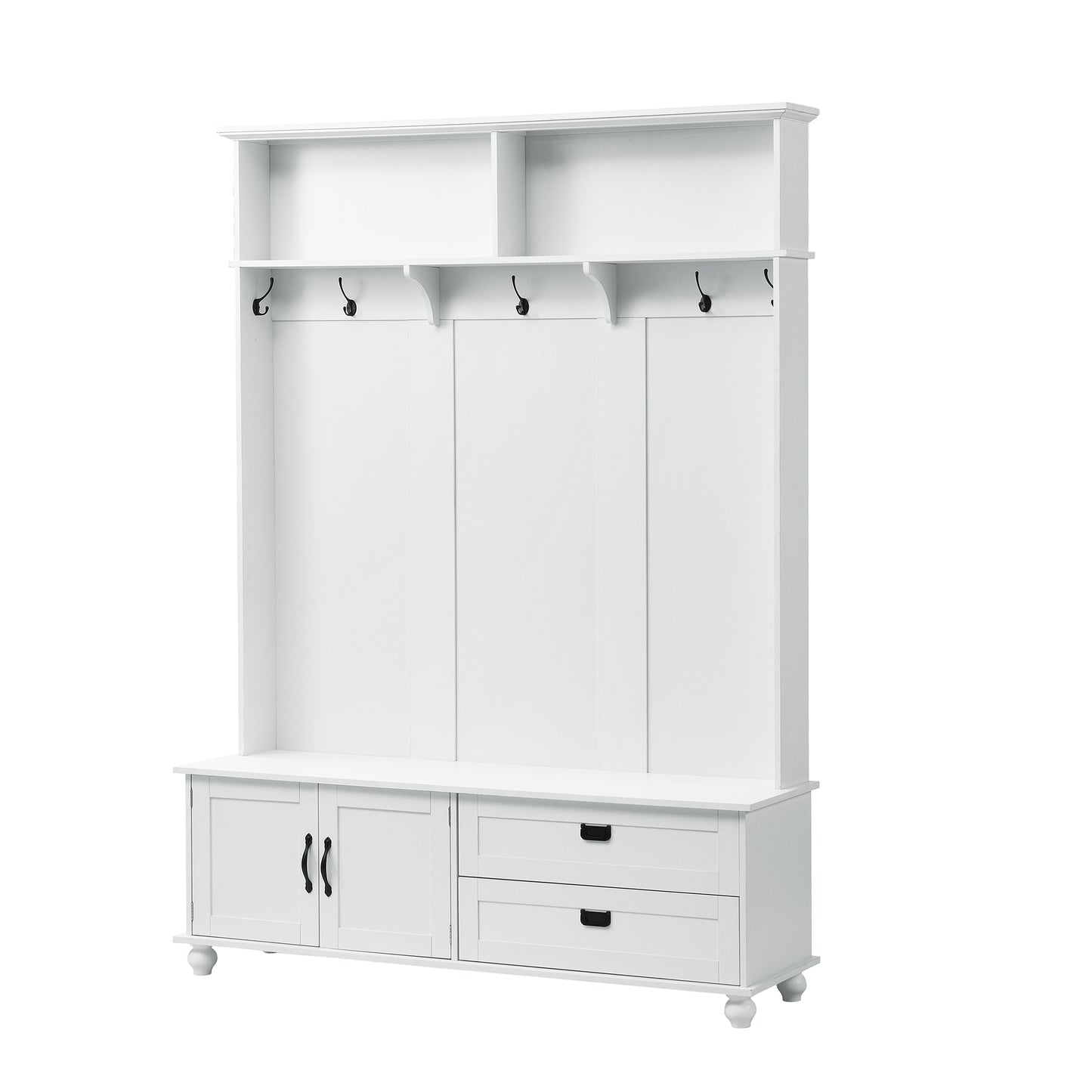 ON-TREND Modern Hall Tree with Storage Cabinet, 2 Large Drawers, and 5 Coat Hooks, White