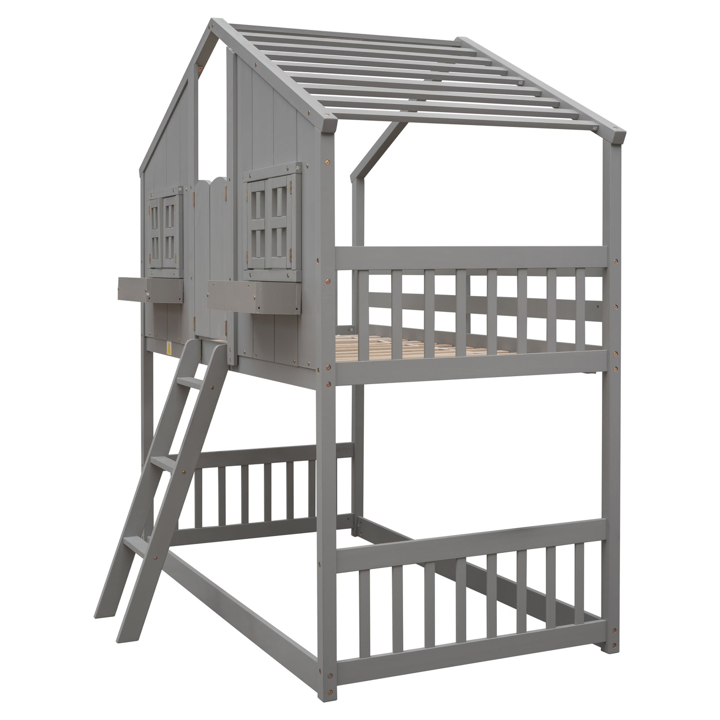 Twin over Twin House Bunk Bed with Roof , Window, Window Box, Door , with Safety Guardrails and Ladder, Grey