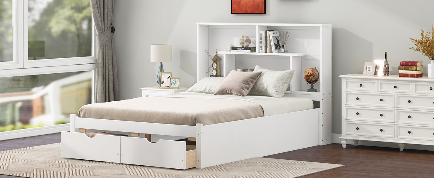 Full Size Platform Bed with Storage Headboard and 2 Drawers, White