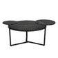 Modern coffee table with two display shelves, Black Faux marble surfaces, Tripod-inspired base,Rounded tabletop edges