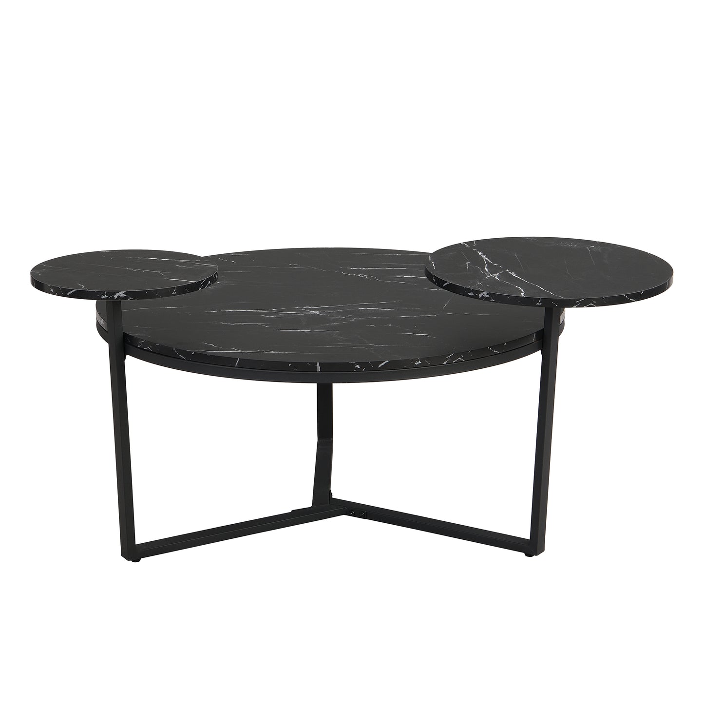 Modern coffee table with two display shelves, Black Faux marble surfaces, Tripod-inspired base,Rounded tabletop edges