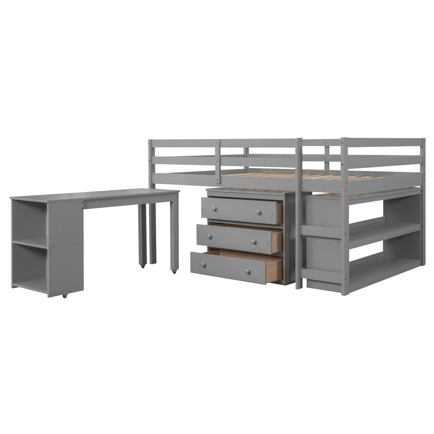 Low Study Full Loft Bed with Cabinet Shelves and Rolling Portable Desk Multiple Functions Bed- Gray