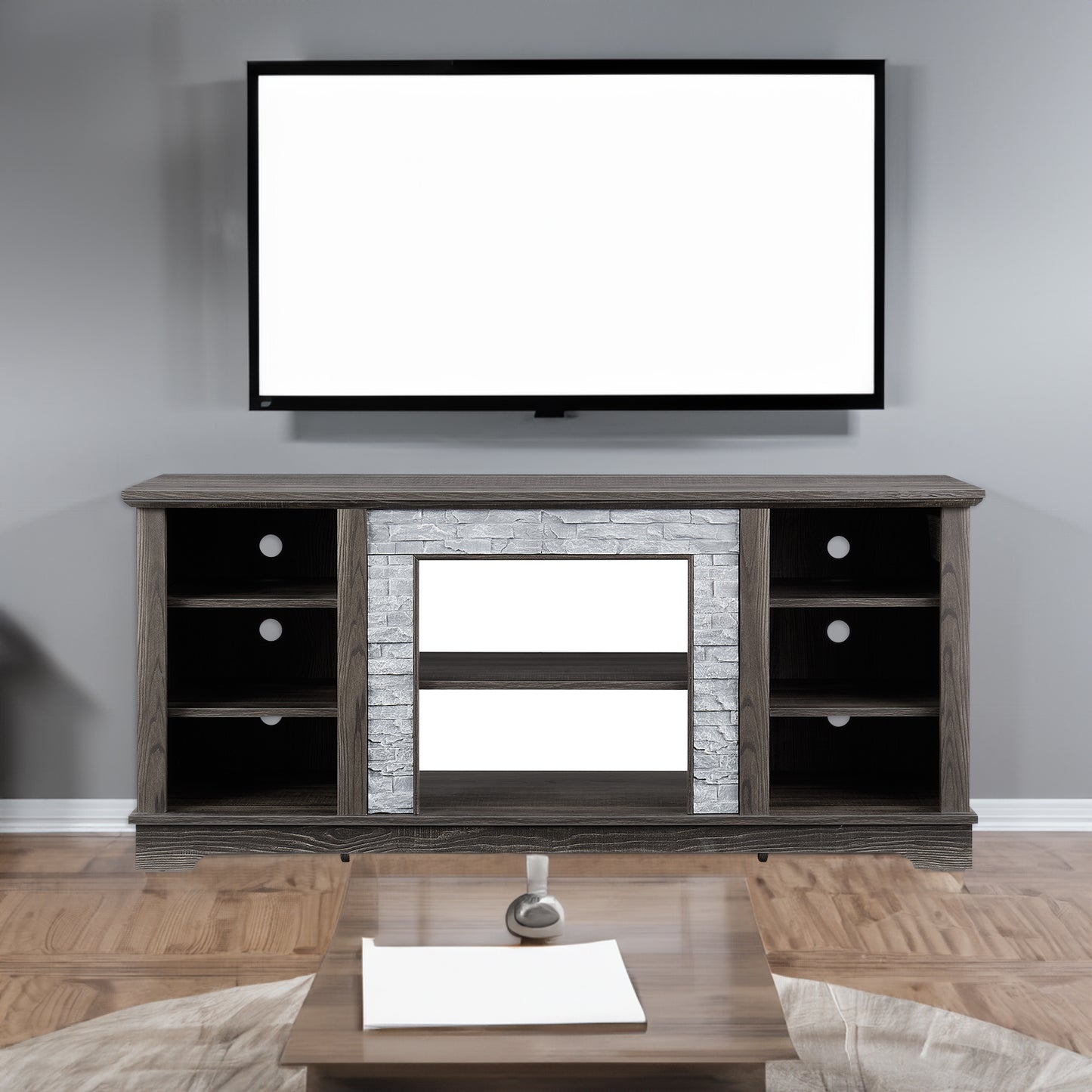 Mantel Stone modern entertainment console, manually stacked stone surrounds open storage space, gray