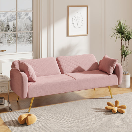 Pink Fabric Double Sofa with Split Backrest and Two Throw Pillows