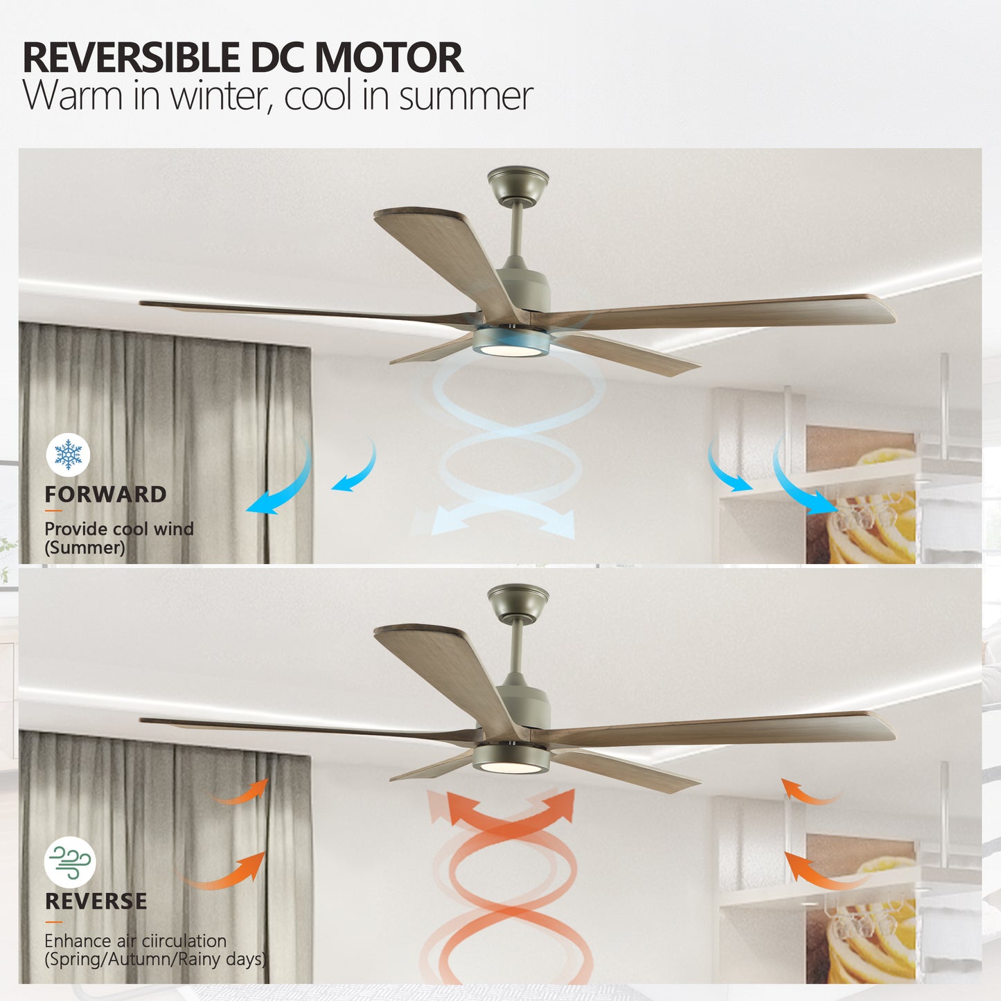 Ventilador de techo moderno de madera de 60" con iluminación, control remoto, motor de CC reversible silencioso de 6 velocidades