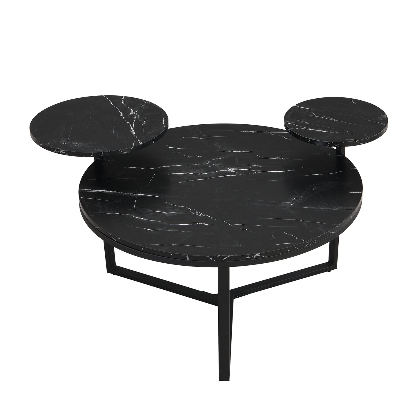 Modern coffee table with two display shelves, Black Faux marble surfaces, Tripod-inspired base,Rounded tabletop edges