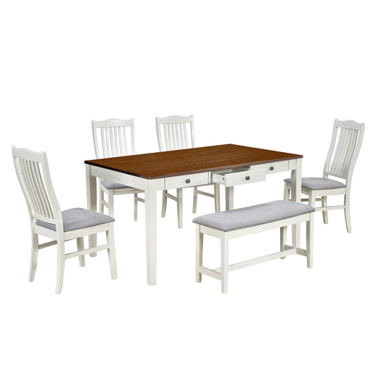 TOPMAX Mid-Century 6-Piece Wood Dining Table Set with Drawer, Upholstered Chairs, and Bench, Butter Milk Finish