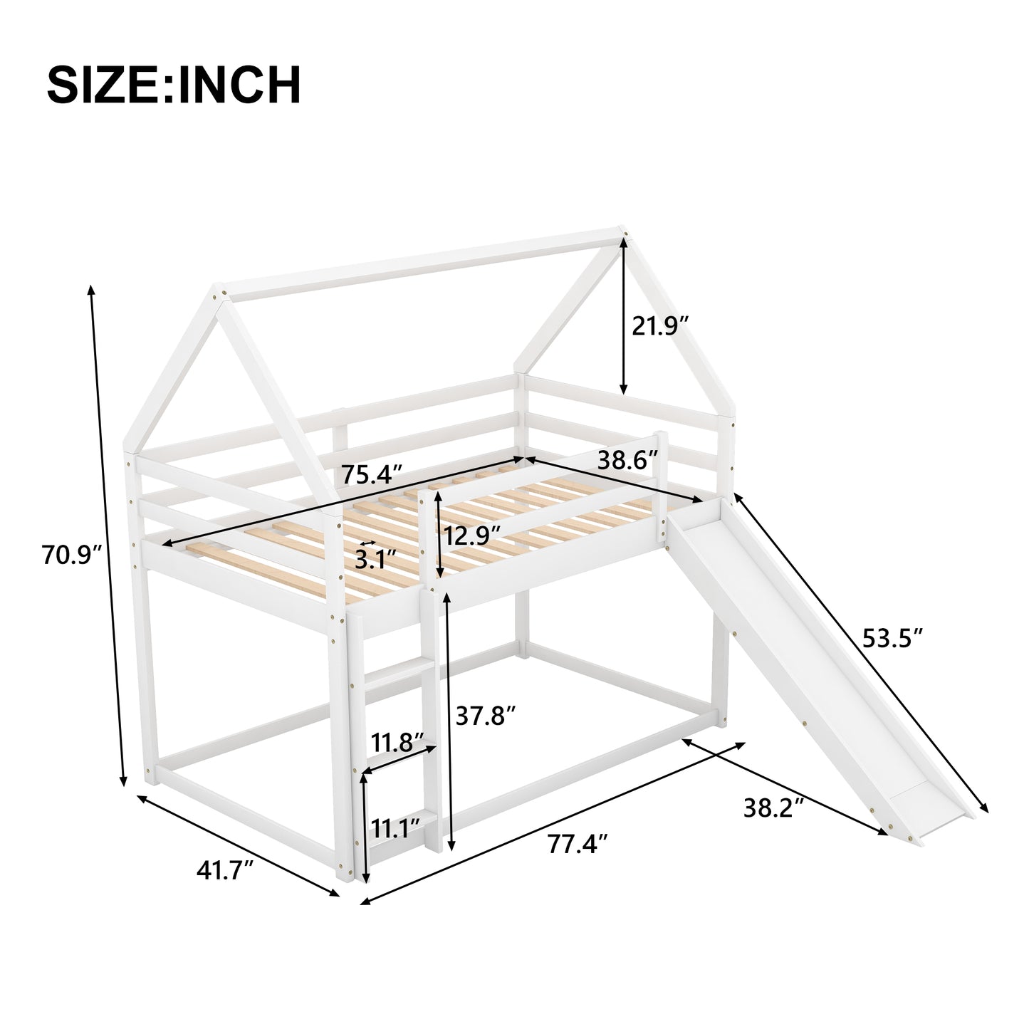 Twin Size Bunk House Bed with Slide and Ladder White