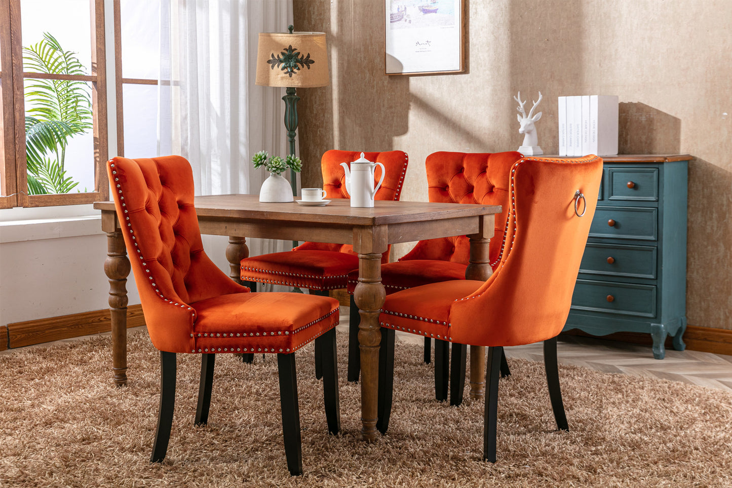 High-end Tufted Solid Wood Contemporary Velvet Upholstered Dining Chair with Wood Legs Nailhead Trim 2-Pcs Set Orange