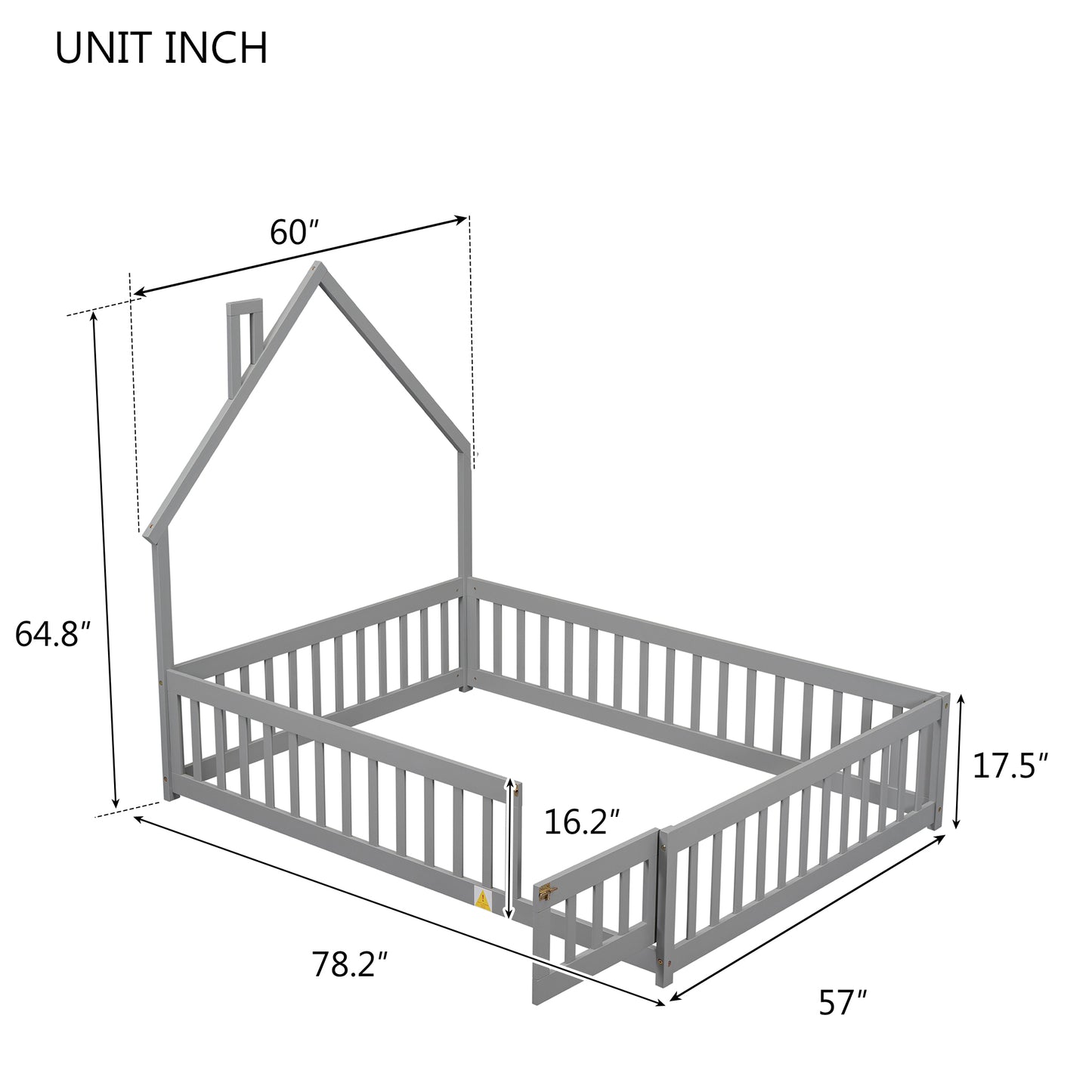 Full House-Shaped Headboard Floor Bed with Fence Grey