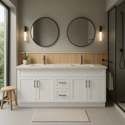 72-Inch Double Sink Shaker Bathroom Vanity — White or Gray | Plywood Cabinet, Solid-Wood Doors, Soft-Close 3-Way Clip-On Hinges | Center 2 Drawers