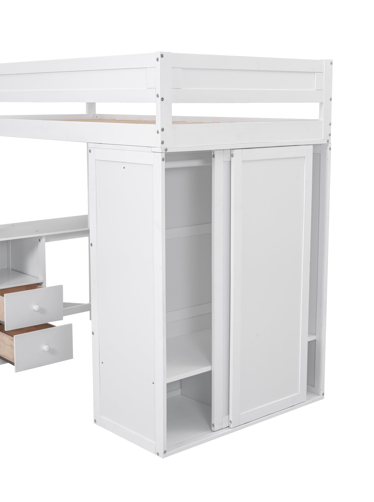 Wood Twin Size Loft Bed with Wardrobes and 2-Drawer Desk with Cabinet  White