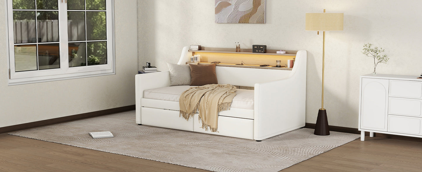 Twin Size Daybed with Drawers, Upholstered Daybed with Charging Station and LED Lights, White