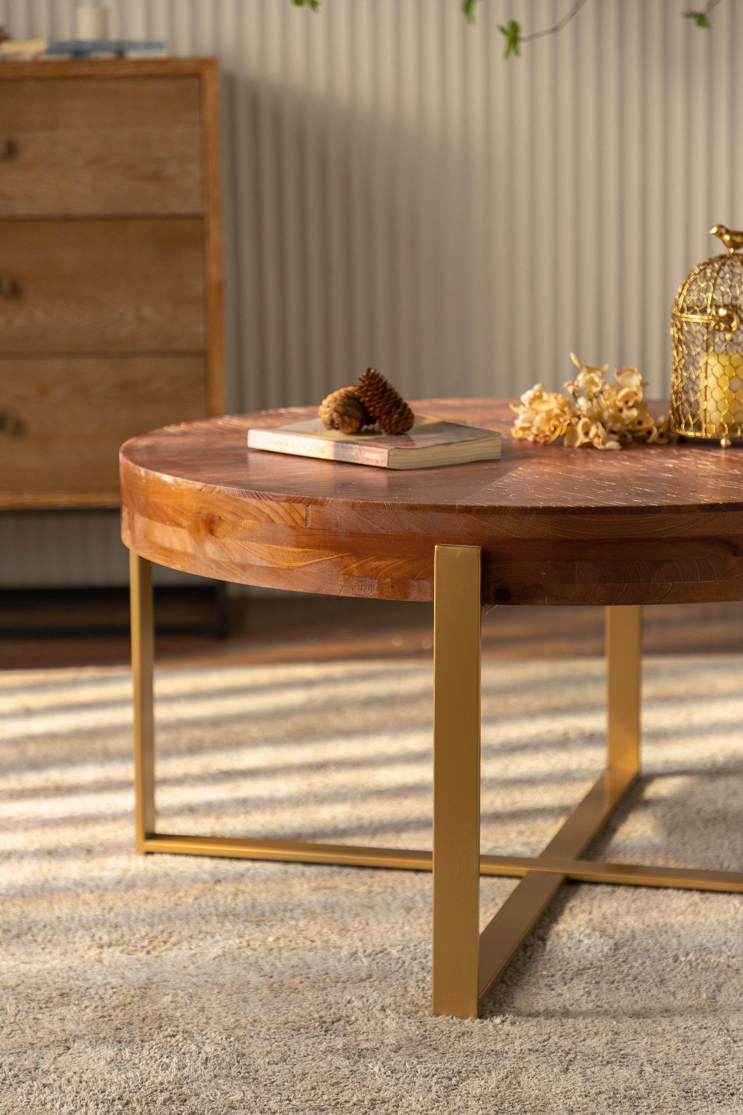 Modern Retro Splicing Round Coffee Table Fir Wood Table Top with Gold Cross Legs Base(Same SKU:W757126236)