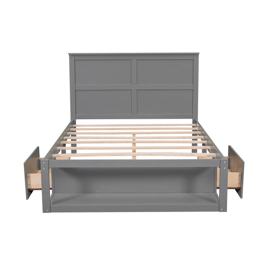 Full Size Platform Bed with Drawers on Each Side and Shelf at the End, Gray Finish