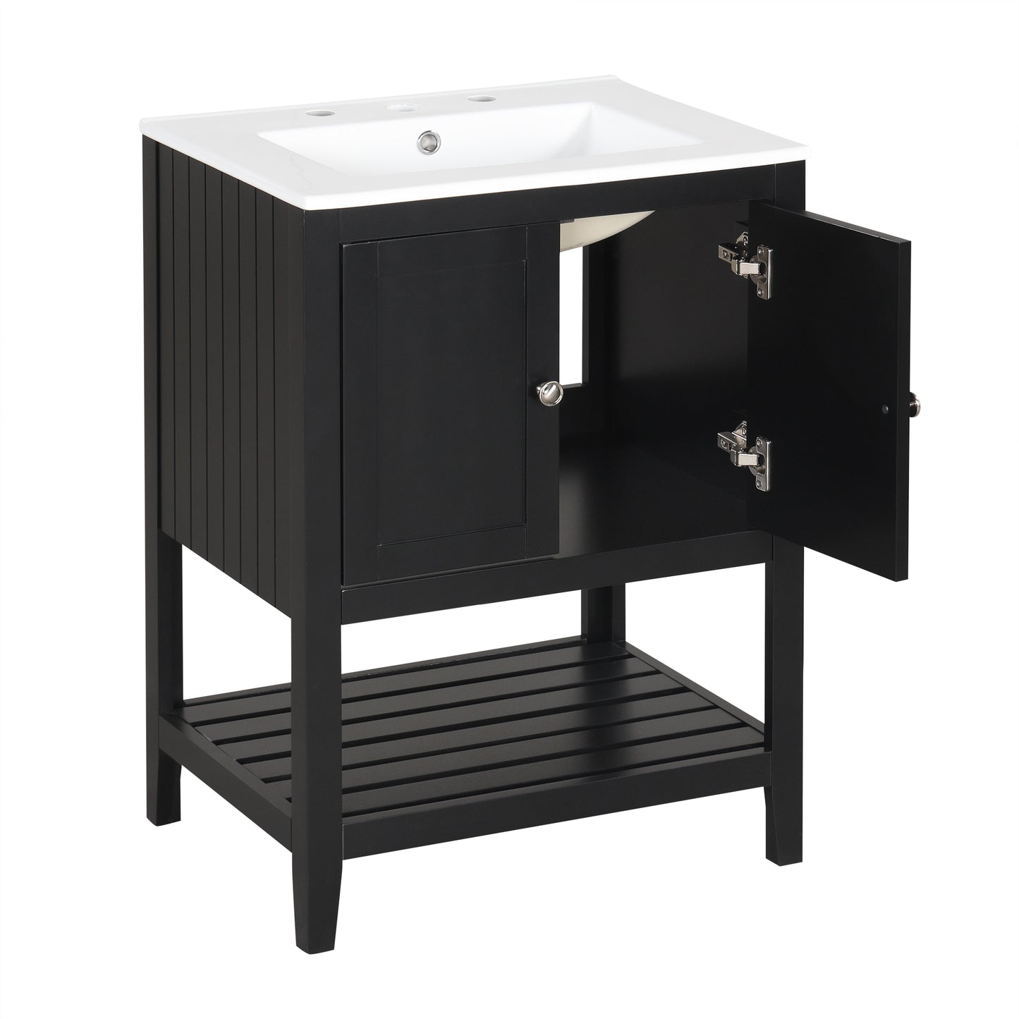 Black Modern Sleek Bathroom Vanity Elegant Ceramic Sink with Solid Wood Frame Open Style Shelf