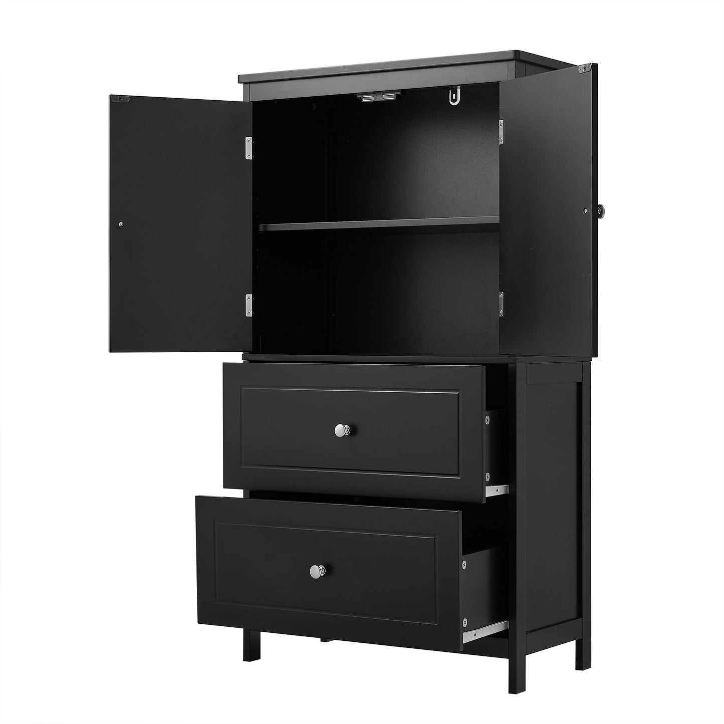 Bathroom Storage Cabinet, Cabinet with Two Doors and Drawers, Adjustable Shelf, MDF Board, Black