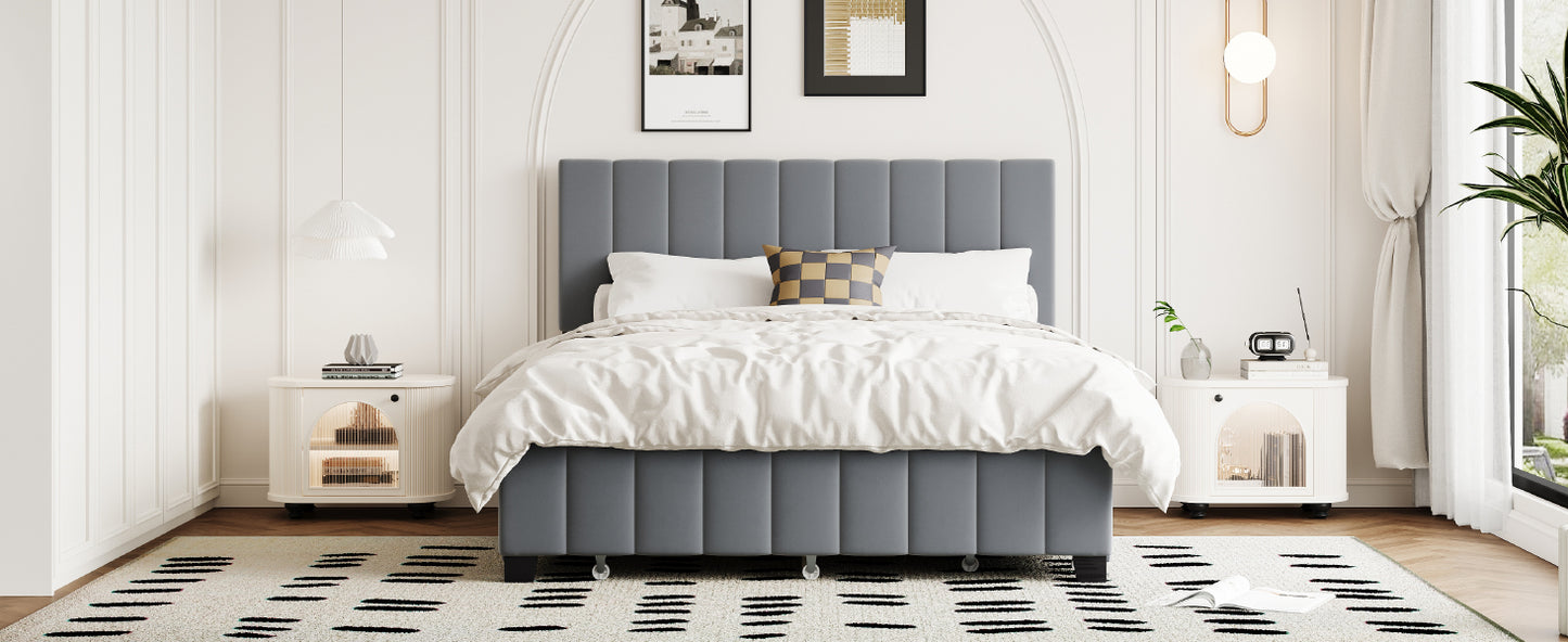 Queen Size Velvet Upholstered Platform Bed with 2 Drawers and 1 Twin XL Trundle- Gray