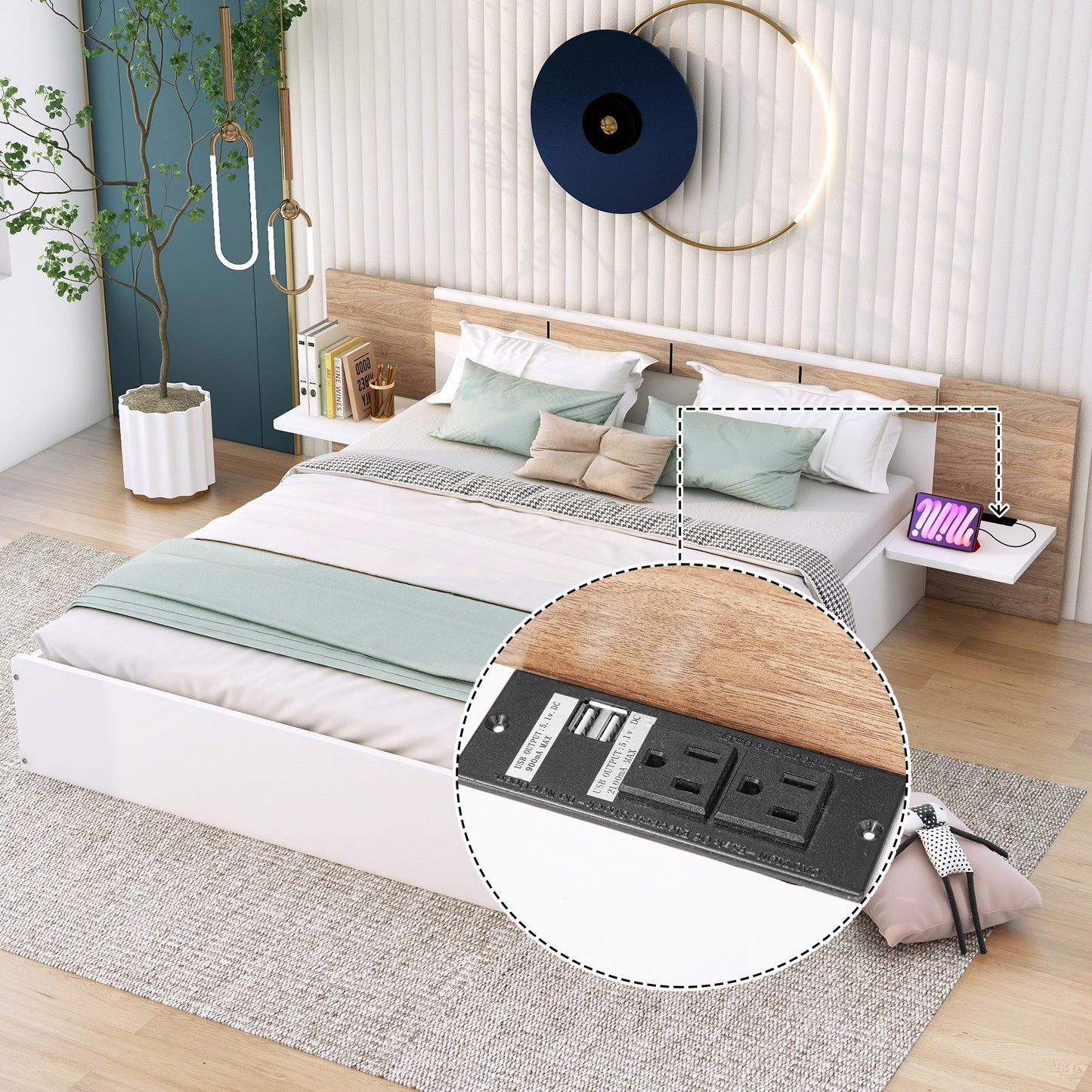 Queen Size Platform Bed with Headboard, Drawers, Shelves, USB Ports and Sockets  White