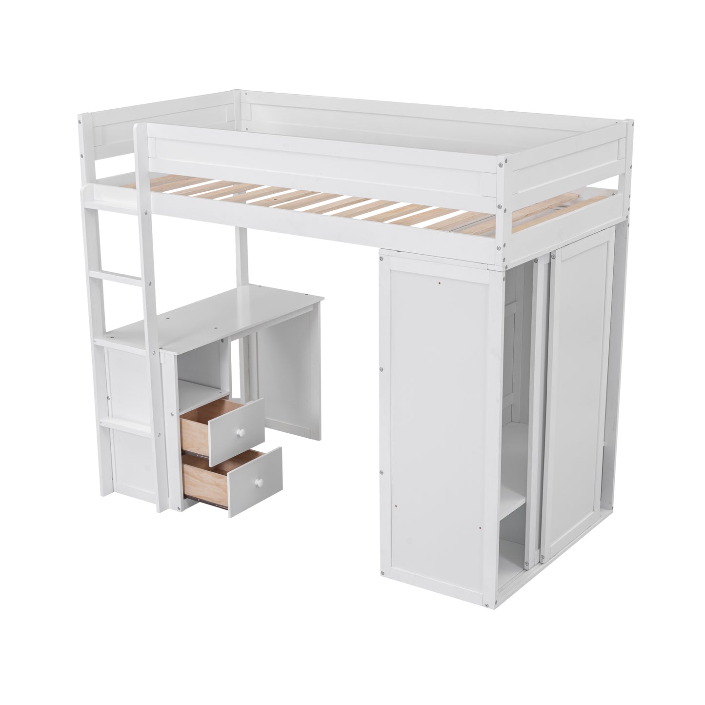 Wood Twin Size Loft Bed with Wardrobes and 2-Drawer Desk with Cabinet  White