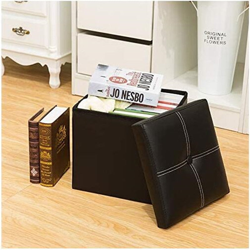 12-inch Non-slip Foldable Ottoman Storage Stool Leather Footstool Storage Box Small Sofa Chair Bench Box Home Organizers Box